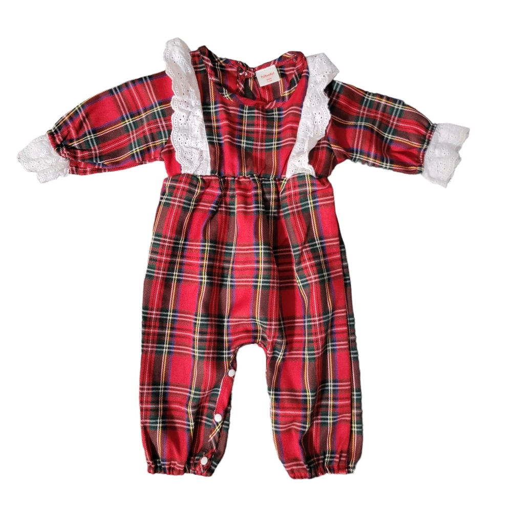 Hibobi baby red Plaid romper one piece with Ruffles size 3 to 6 months Christmas